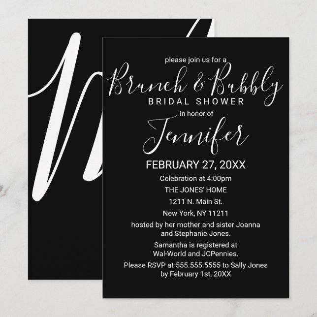Simple Minimal Black White Brunch and Bubbly Invitation (Front/Back)