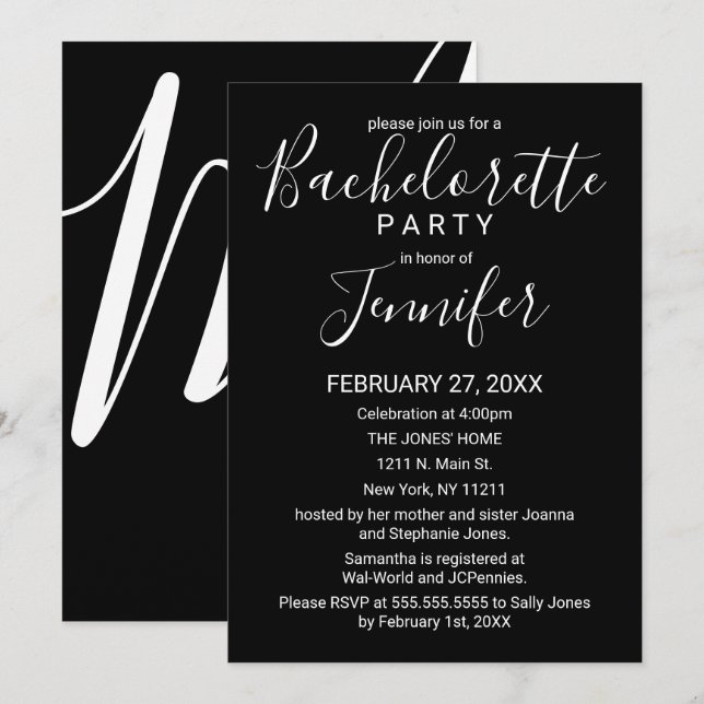 Simple Minimal Black White Typography Bachelorette Invitation (Front/Back)