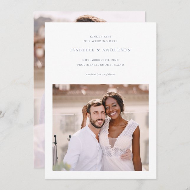 Simple Minimal Blue Two Photo Wedding Save The Date (Front/Back)