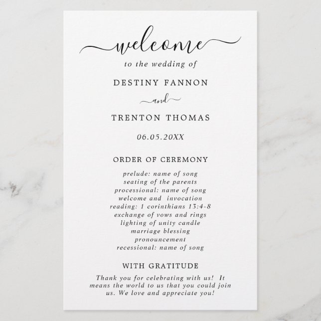 Simple Minimal Budget Wedding Program (Front)