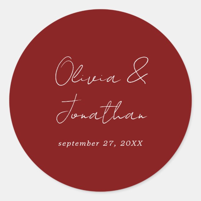 Simple Minimal Burgundy Red Script Wedding Classic Round Sticker (Front)