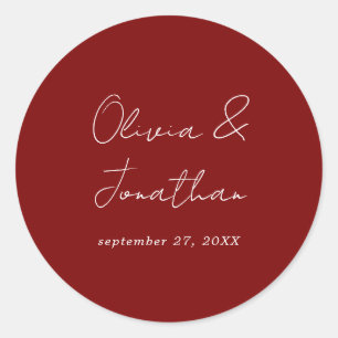 Simple Minimal Burgundy Red Script Wedding Classic Round Sticker