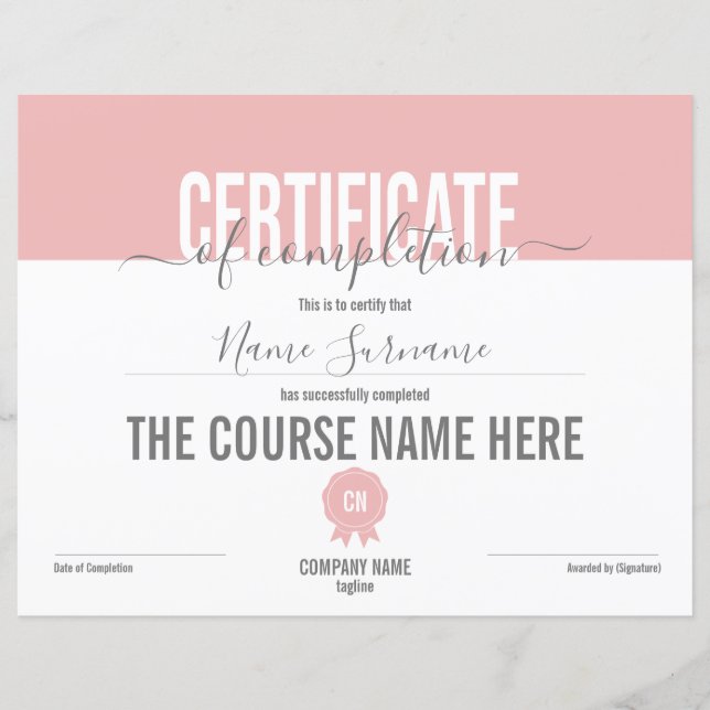 Simple Minimal Certificate of Completion  (Front)