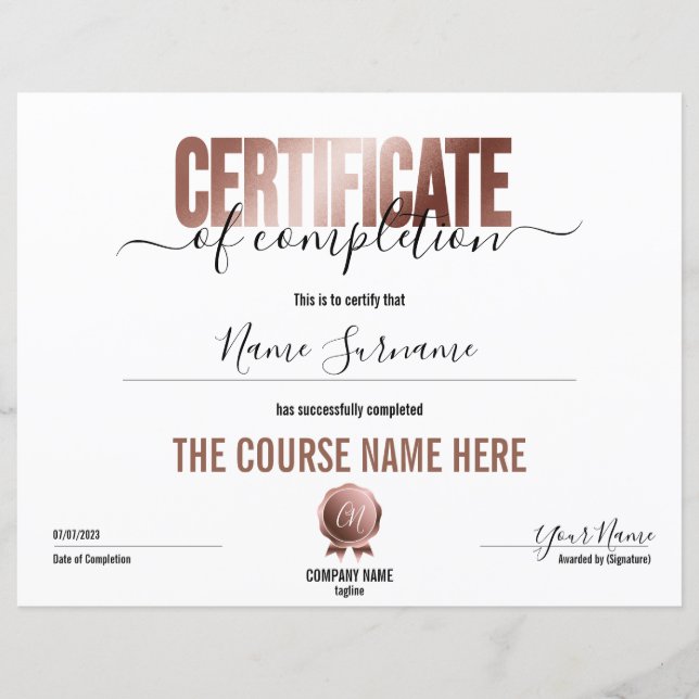 Simple Minimal Certificate of Completion  (Front)