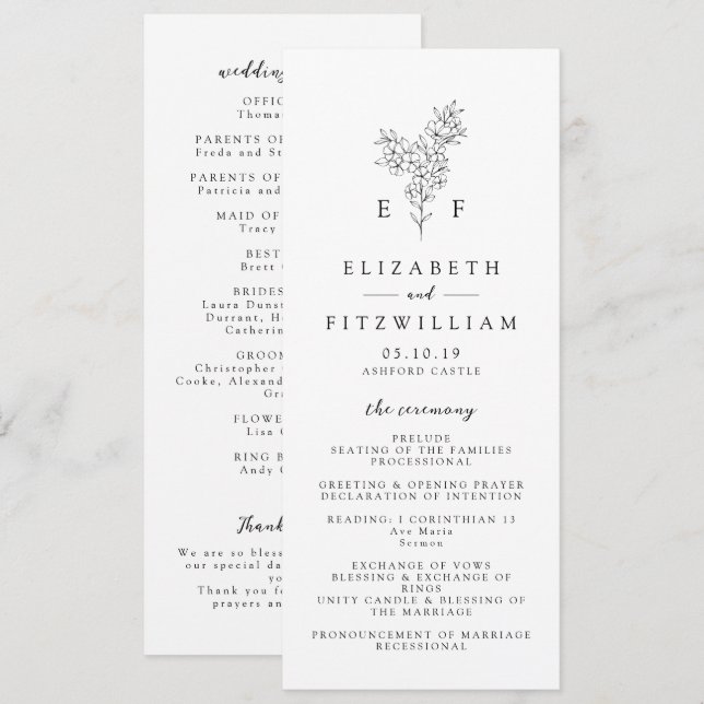 Simple Minimal Cherry Blossom Monogram Wedding Program (Front/Back)