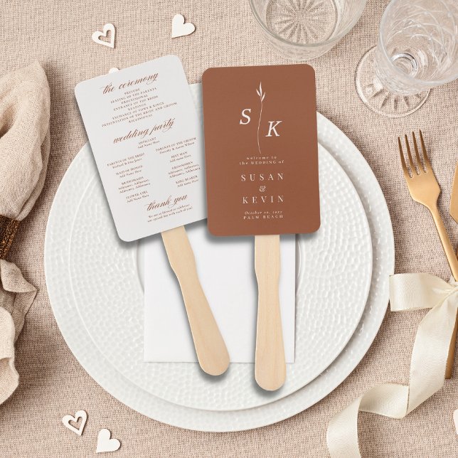 Simple Minimal Chic Leaf Monogram Wedding Program Hand Fan (Creator Uploaded)
