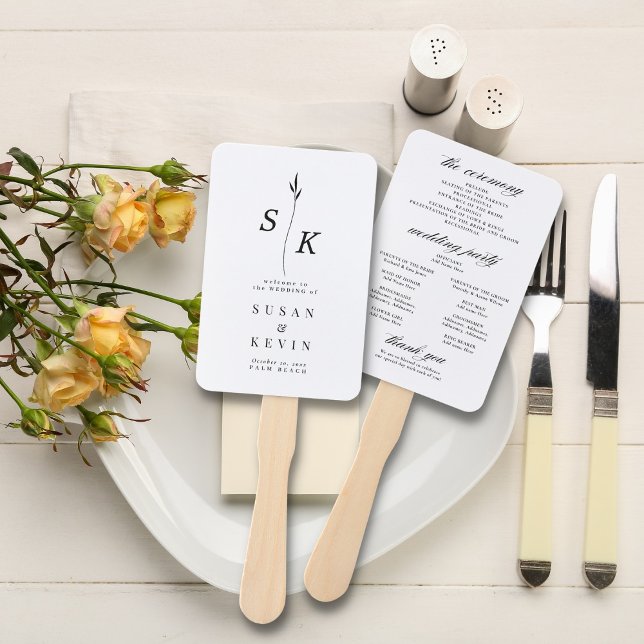 Simple Minimal Chic Leaf Monogram Wedding Program Hand Fan (Creator Uploaded)