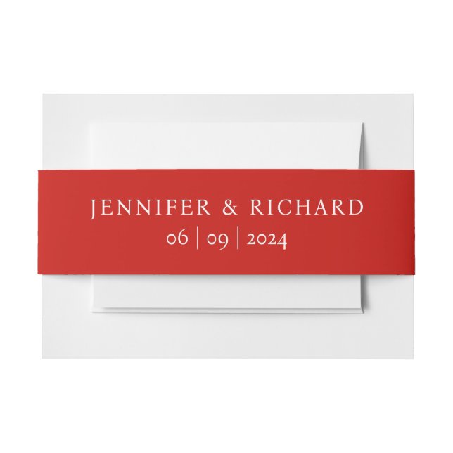 Simple Minimal Chic Red White Name Date Wedding Invitation Belly Band (Front Example)