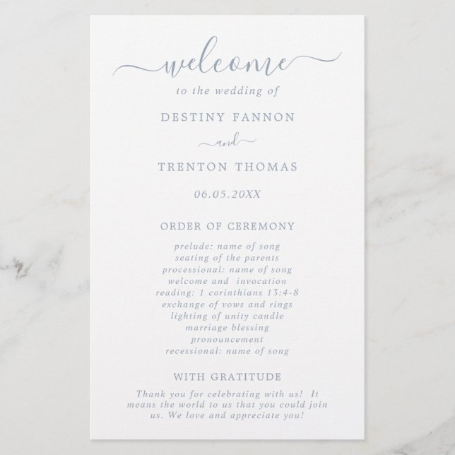 Simple Minimal Dusty Blue Budget Wedding Program (Front)