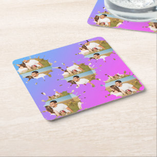 Simple minimal elegant custom circle photo collage square paper coaster