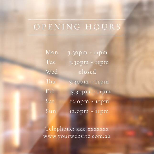 Simple Minimal Elegant White Opening Hours Timings Window Cling (Sheet 2)