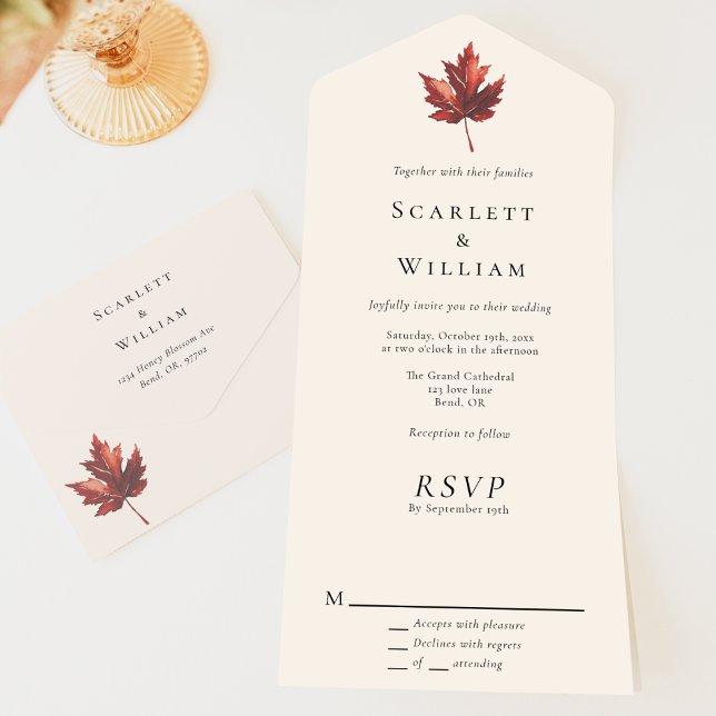 Simple Minimal Fall Leaf Cream Wedding All In One Invitation (Creator Uploaded)
