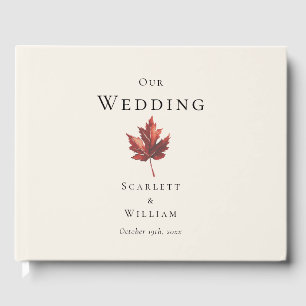 Simple Minimal Fall Leaf Cream Wedding Guest Book
