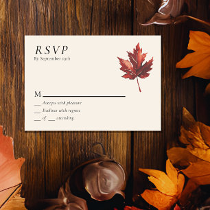 Simple Minimal Fall Leaf Cream Wedding RSVP Card