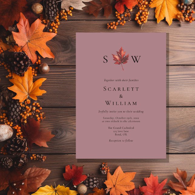 Simple Minimal Fall Leaf Mauve Monogram Wedding Invitation (Creator Uploaded)