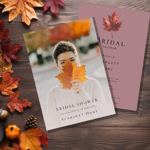 Simple Minimal Fall Leaf Mauve Photo Bridal Shower Invitation