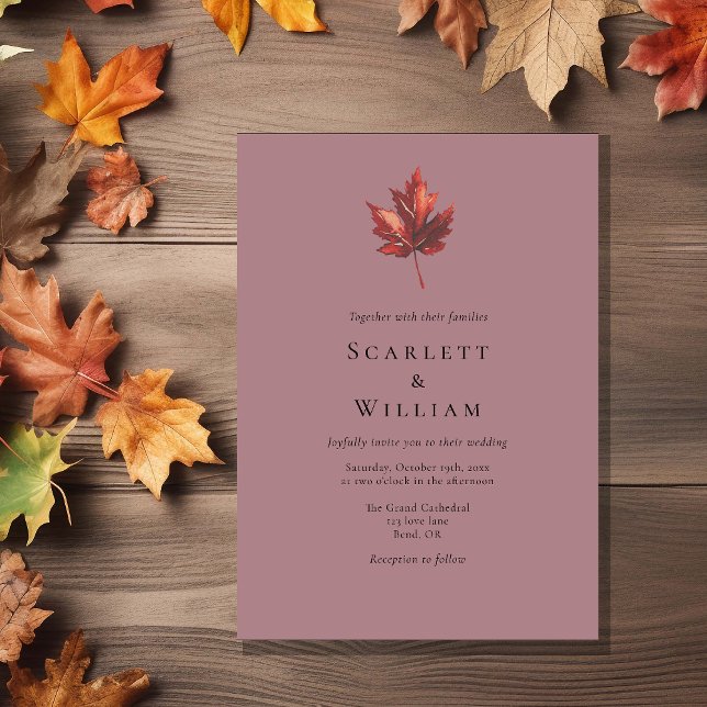 Simple Minimal Fall Leaf Mauve Wedding Invitation (Creator Uploaded)