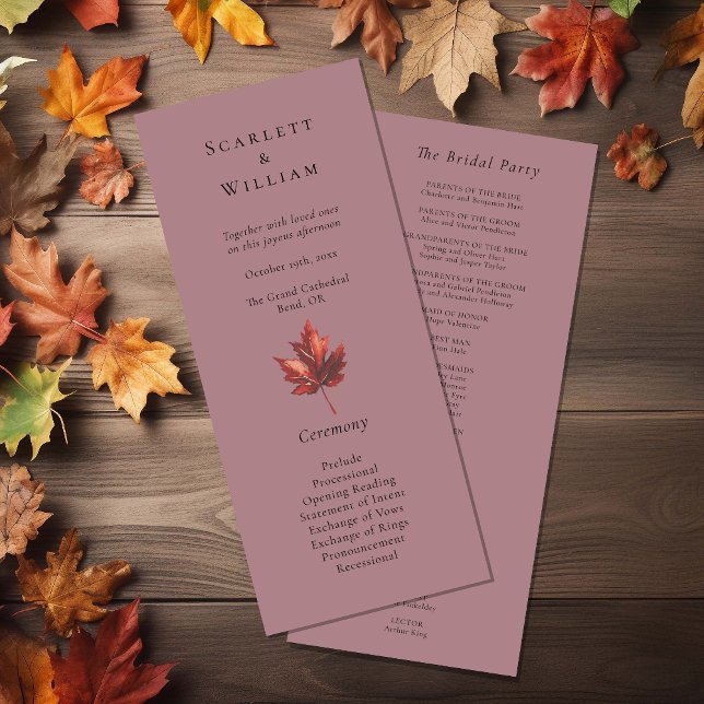 Simple Minimal Fall Leaf Mauve Wedding Program (Creator Uploaded)
