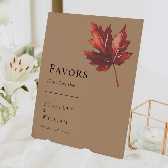 Simple Minimal Fall Leaf Terracotta Wedding Favour Pedestal Sign (Creator Uploaded)