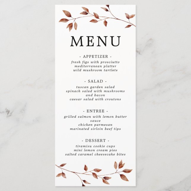 Simple Minimal Fall Leaves Botanical Wedding  Menu (Front)