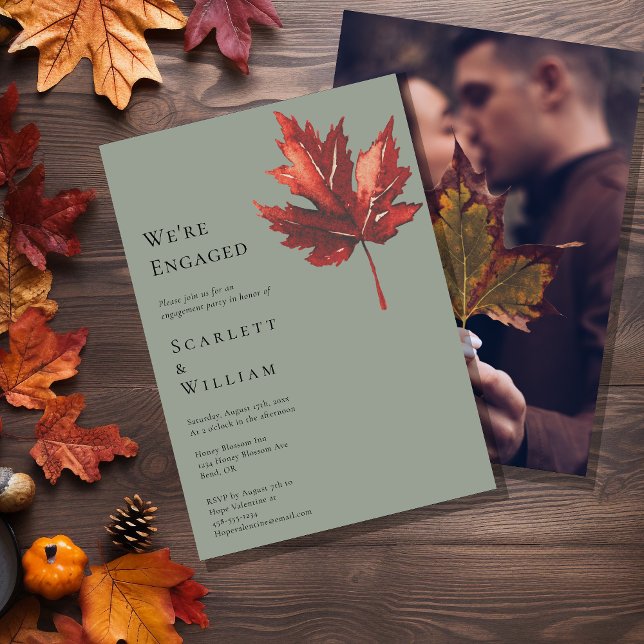 Simple Minimal Fall Sage Green Photo We're Engaged Invitation (Creator Uploaded)