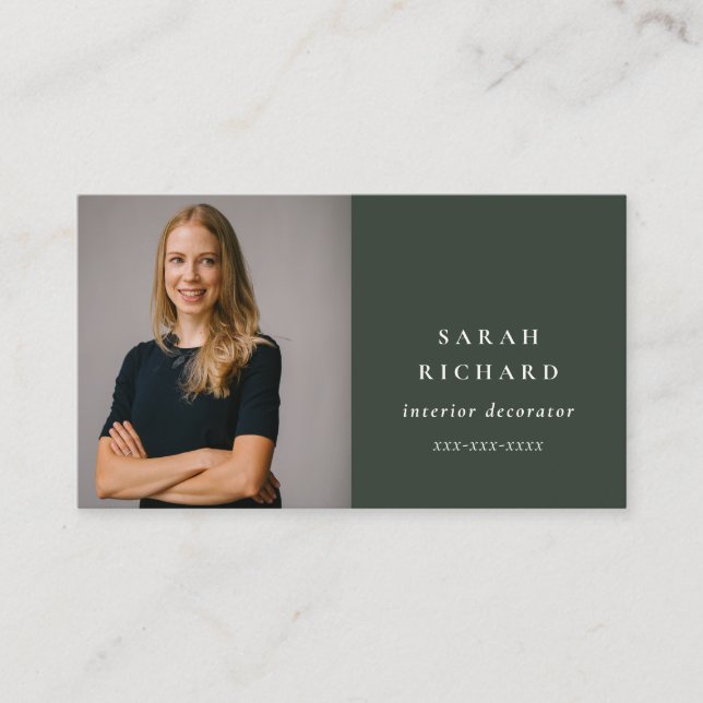 Simple Minimal Forest Green Professional Photo Business Card (Front)