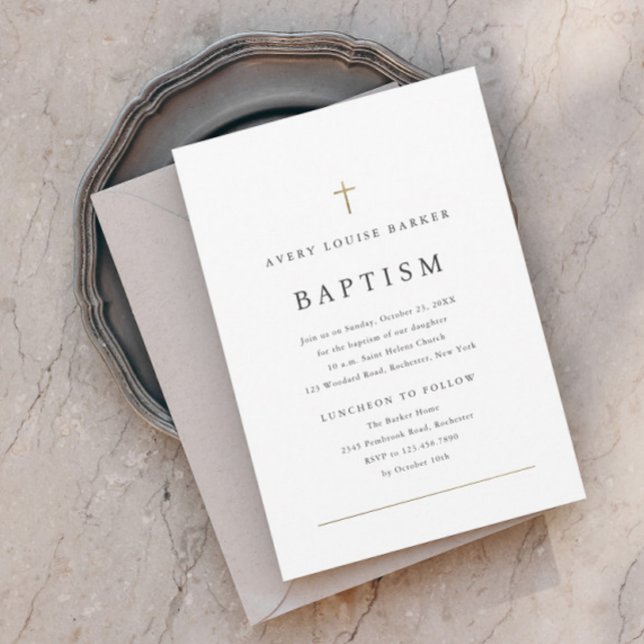 Simple Minimal Gold Cross Religious Baptism Magnetic Invitation (Creator Uploaded)