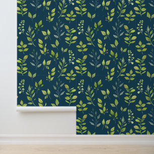 Simple Minimal Green Blue Leaf Pattern on Blue Wallpaper