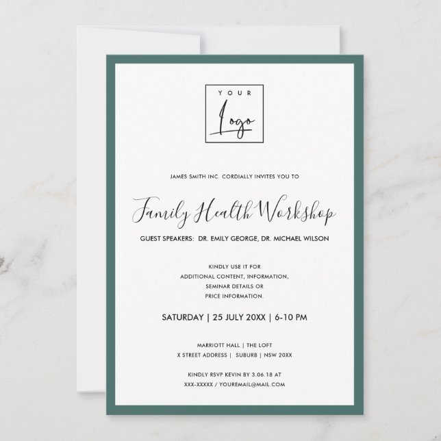 SIMPLE MINIMAL GREEN YOUR LOGO WORKSHOP GALA EVENT INVITATION (Front)