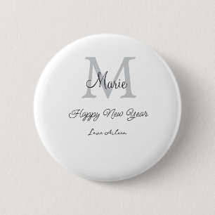 simple minimal happy new year monogram gray name 2 inch round button