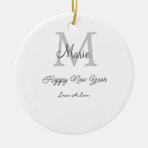 simple minimal happy new year monogram gray name ceramic ornament