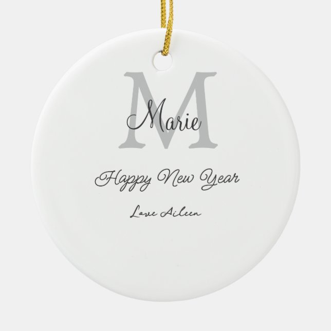simple minimal happy new year monogram gray name  ceramic ornament (Front)