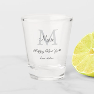 simple minimal happy new year monogram gray name shot glass