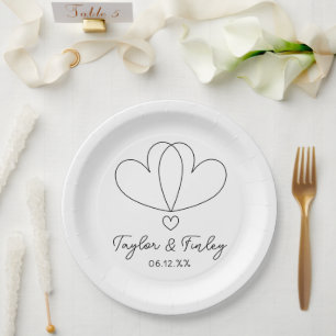   Simple Minimal Heart Modern Custom Names Wedding Paper Plate