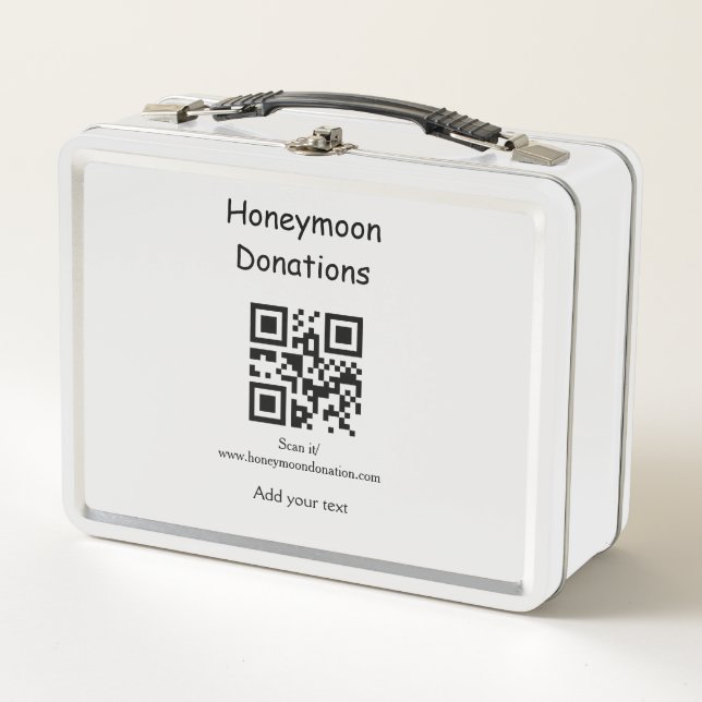Simple minimal honeymoon donations wedding q r cod metal lunch box (Front)