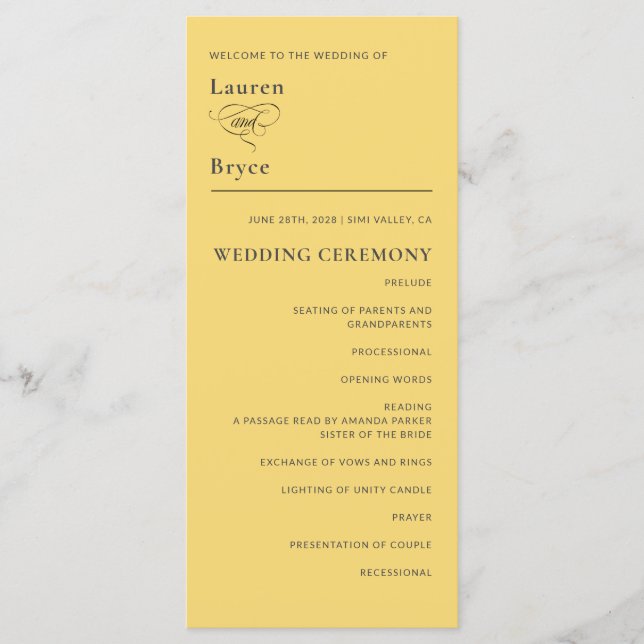 Simple Minimal Lemon Drop Yellow Wedding Program (Front)