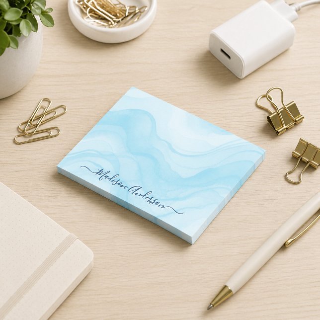 Simple Minimal Light Blue Watercolor Personalized Post-it Notes (Creator Uploaded)