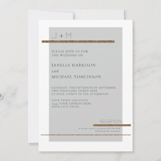 Simple Minimal Modern Grey Grey Gold White Wedding Invitation (Front)