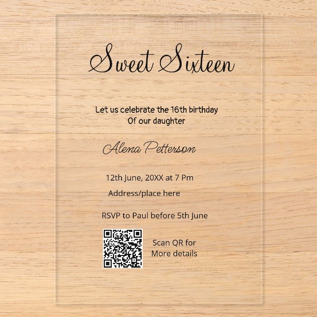 Simple minimal modern QR  Sweet sixteen birthday  Acrylic Invitations (Front)