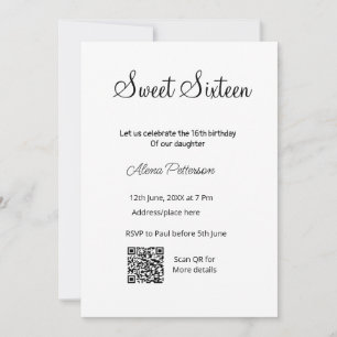 Simple minimal modern QR  Sweet sixteen birthday  Invitation