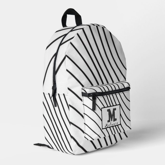 Simple Minimal Monogram black and white Printed Backpack (Back Corner Left)