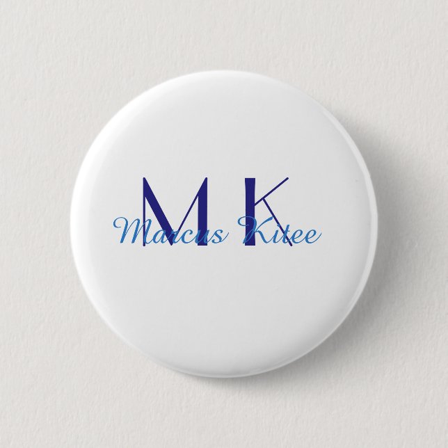 simple minimal monogram personalized name blue ret 2 inch round button (Front)