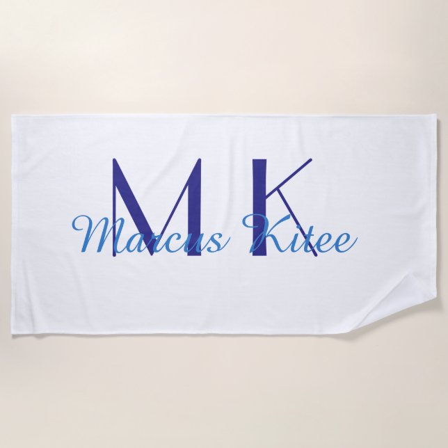 simple minimal monogram personalized name blue ret beach towel (Front)