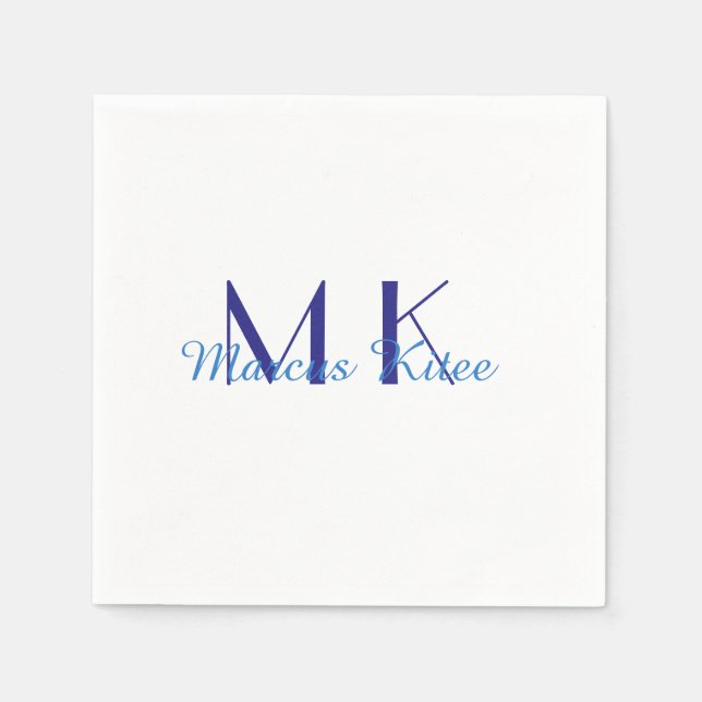 simple minimal monogram personalized name blue ret napkin (Front)