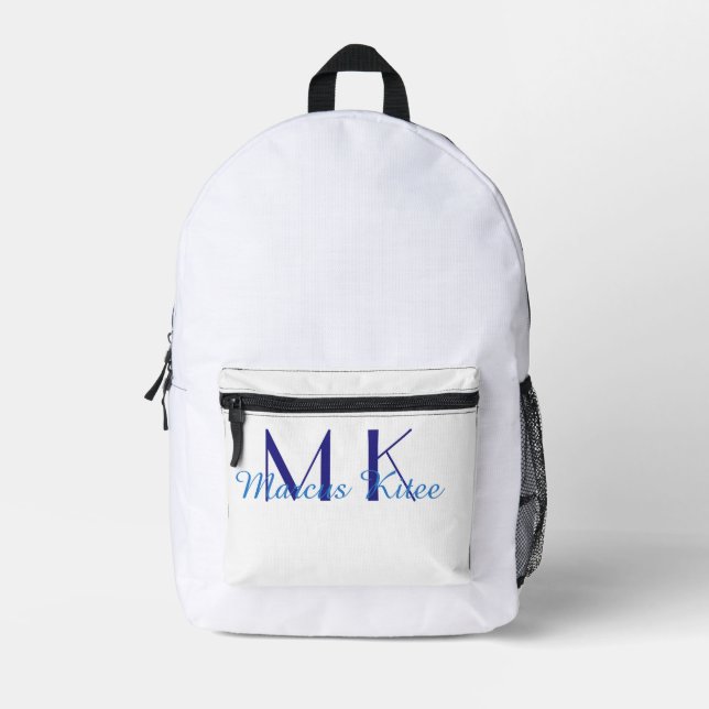 simple minimal monogram personalized name blue ret printed backpack (Front)