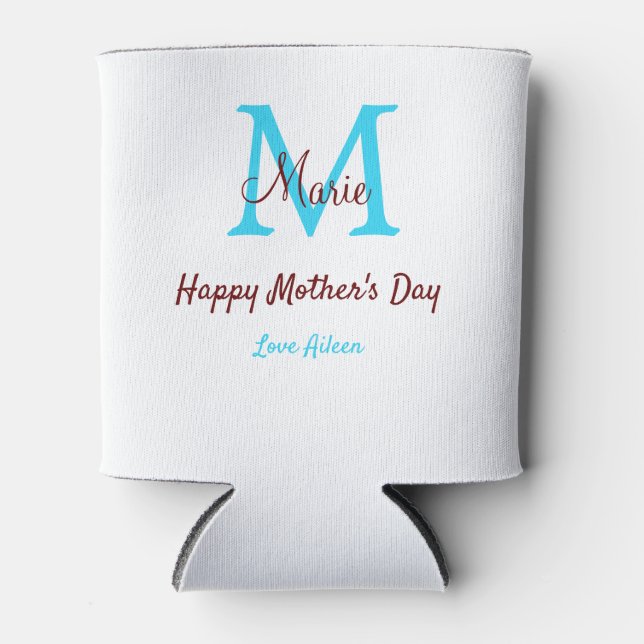 simple minimal mother's day blue monogram pink nam can cooler (Front)