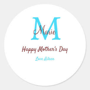simple minimal mother's day blue monogram pink nam classic round sticker
