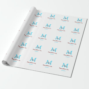 simple minimal mother's day blue monogram pink nam wrapping paper