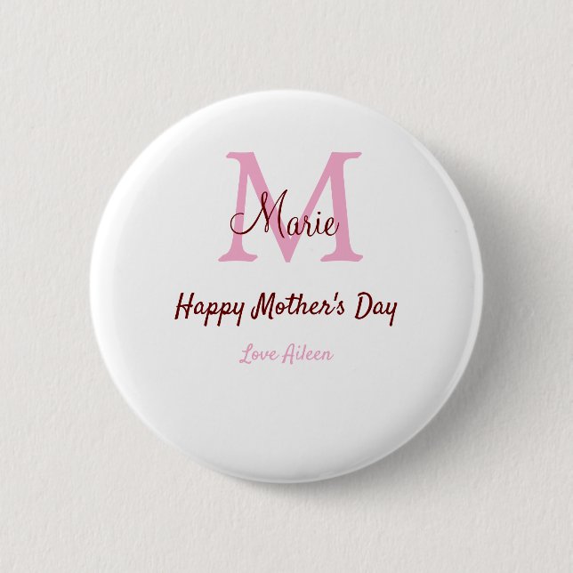 simple minimal mother's day monogram pink name tex 2 inch round button (Front)