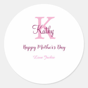 simple minimal mother's day monogram pink name tex classic round sticker
